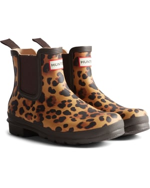 Hunter Original Chelsea Leopard Print Boot Rubber Women's Leopard Print/Chocolate Brown Wellington Boots