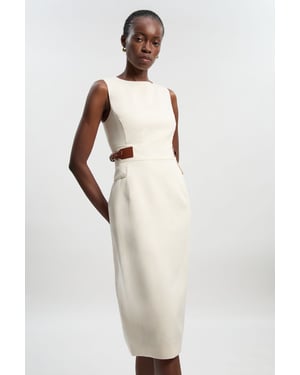 Tailored Linen Tab Waist Pencil Midi Dress