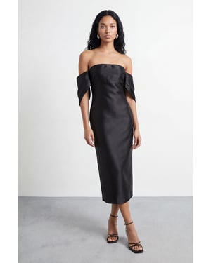 Petite Structured Puff Sleeve Bardot Midi Dress