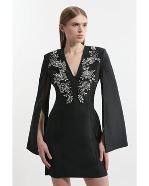 Bandage Form Fitting Cape Sleeve Embellished Mini Dress