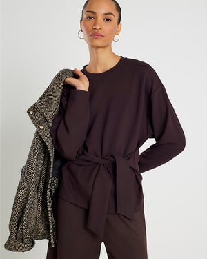 River Island Womens Top Brown Premium Long Sleeve Tie Front