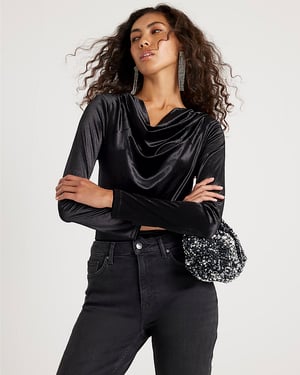 River Island Womens Bodysuit Black Velvet Long Sleeve Cowl Neck