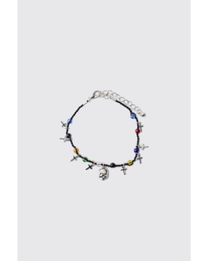 Gem and Skull Cross Mock Pearl Bracelet
