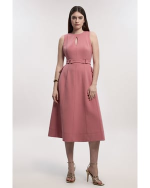 Compact Stretch Belted Seamed Full Skirted Midi Dress