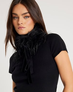 River Island Womens Top Black Faux Fur Collar
