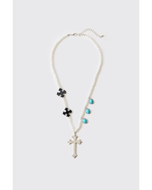Gem and Cross Mock Pearl Necklace