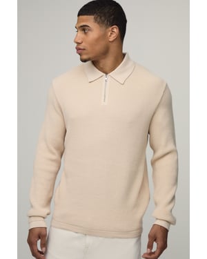 Regular Fit Soft Touch Waffle 1/4 Zip Knitted Polo