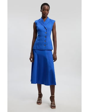 Tailored Linen Button Front Full Midi Skirt