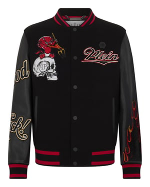 Varsity Bomber With Leather Sleeves Devil Skull Skull