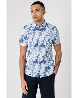 Light Blue Cotton Poplin Button-Up Tropical Print Shirt