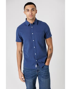 Dark Blue Linen Blend Short Sleeve Button-Up Shirt With Chest Pocket