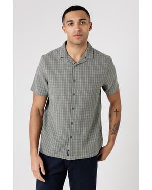 Khaki Cotton Button-Up Shirt With Check Print