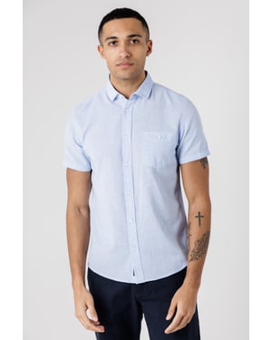 Light Blue Dog Tooth Print Short Sleeve Shirt With Collar And Chest Pocket