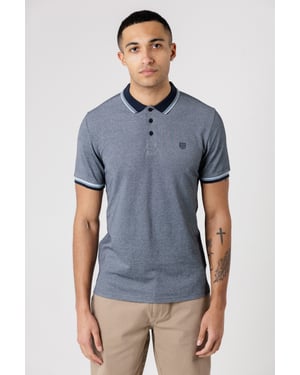Navy Textured Polo Shirt With Button-Up And Logo Badge