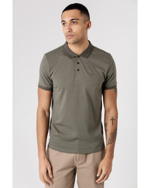 Khaki Cotton Jacquard Button-Up Jersey Polo With Logo Badge