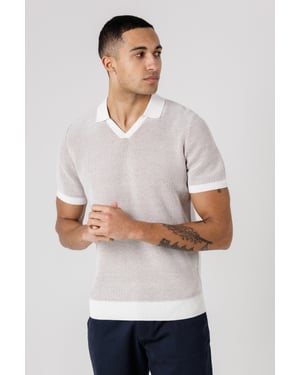 Ecru Cotton Short Sleeve V-Neck Polo Shirt