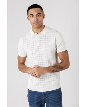 Beige Knitted Short Sleeve Button-Up Polo Shirt