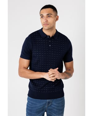 Dark Navy Knitted Short Sleeve Button-Up Polo Shirt