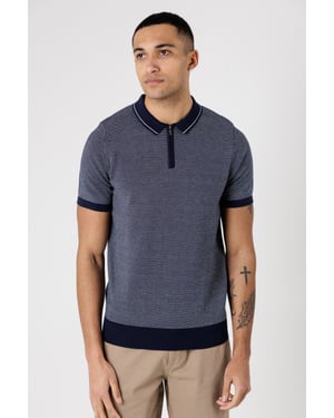 Navy Textured Zip Neck Polo Shirt