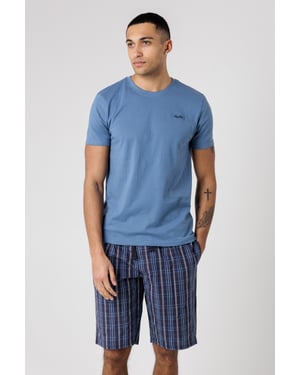 Mid Blue Crew Neck T-Shirt And Checked Shorts Pyjama Set