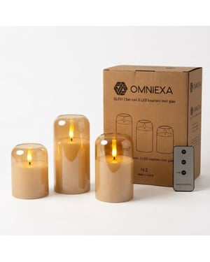 MAZAZU Omniexa led kaarsenset in glas – 3 stuks – goud/amber – met afstandsbediening &