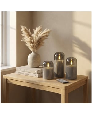 MAZAZU Omniexa led kaarsenset in glas – 3 stuks – smoked grey – met afstandsbediening &
