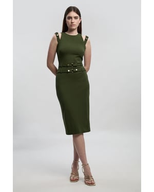 Ponte Trim Belt Detail Midi Pencil Dress