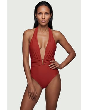 Halter Neck Hardware Detail Plunge Swimsuit