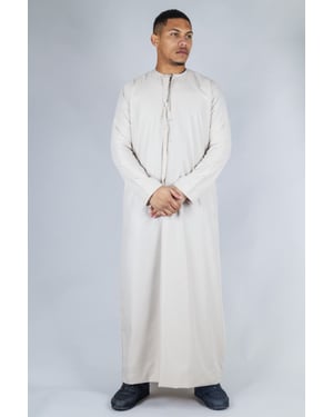 Men's Beige Thobe Emirati Islamic Jubba Robe Eid Tassel Slim Fit