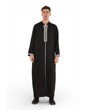 Men's Eid Black Hooded Moroccan Thobe Robe Djellaba Gandoura Ramadan Jubba- HM3
