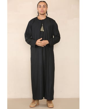 Mens Black Thobe Jubba Saudi Islamic Arab Eid Emirati Kaftan Jubbah Tassel Robe