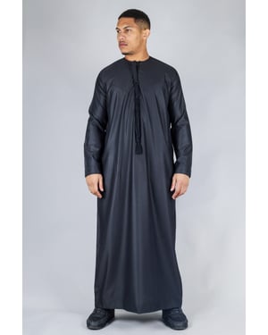 Men's Black Thobe Emirati Islamic Jubba Robe Eid Tassel Slim Fit
