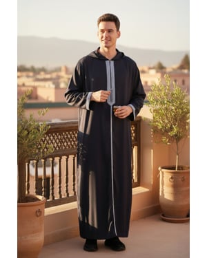 Mens Navy Eid Hooded Moroccan Thobe Robe Djellaba Gandoura Ramadan Jubba LFS- HM3