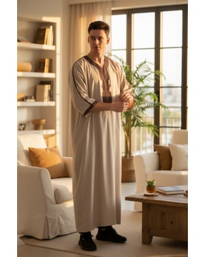 Mens Beige Moroccan Thobe Robe Djellaba Gandoura Eid Jubba LFS-HM66