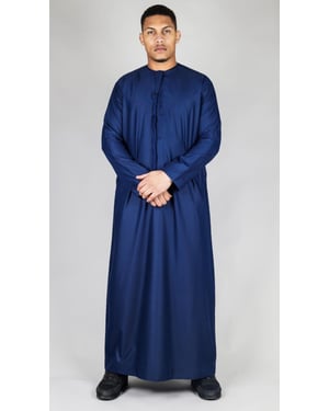 Men's Navy Blue Thobe Emirati Islamic Jubba Robe Eid Tassel Slim Fit