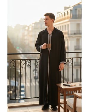 Mens Black Eid Hooded Moroccan Thobe Robe Djellaba Gandoura Ramadan Jubba LFS- HM3
