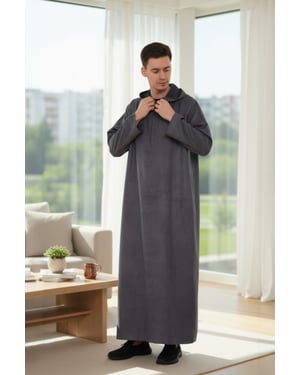 Mens Grey Hooded Eid Moroccan Jubba Robe Ramadan Eid Thobe LFS - HM12
