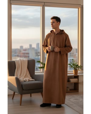 Mens Brown Hooded Eid Moroccan Jubba Robe Ramadan Eid Thobe LFS - HM12