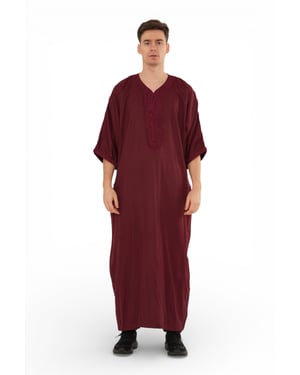 Men's Wine Red Moroccan Thobe Jubba Robe Eid Djellaba Gandoura - HM62