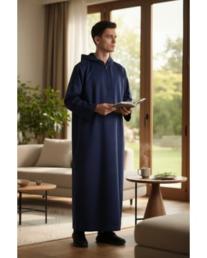 Mens Navy Hooded Eid Moroccan Jubba Robe Ramadan Eid Thobe LFS - HM12