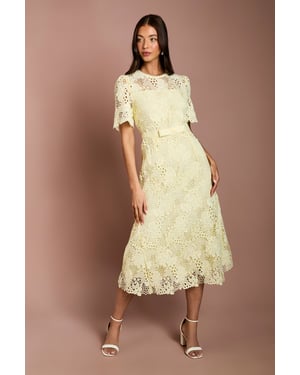 Lace Midi Dress With Bow Belt