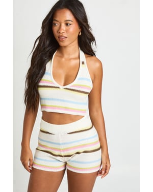 Crochet Stripe Halterneck Top and Short Set