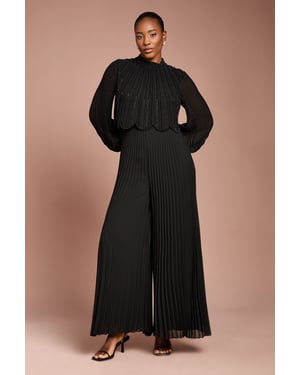 Long Sleeve Pearl Embellished Pleated Jumpsuit