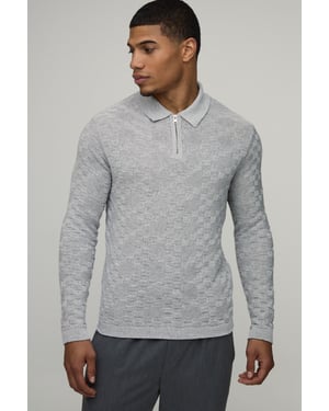 Regular Fit Basket Weave Long Sleeve 1/4 Zip Knitted Polo