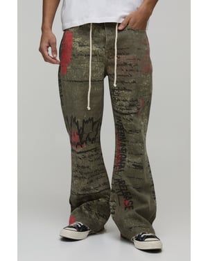 All Over Printed Relaxed Flared Rope Belted Jeans