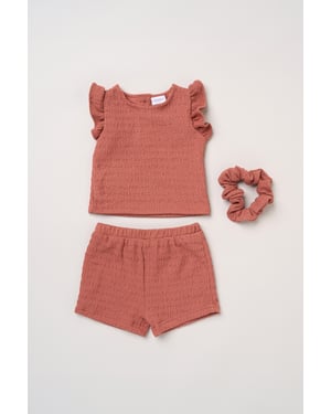 Textured Top, Shorts and Scrunchie Outfit Set