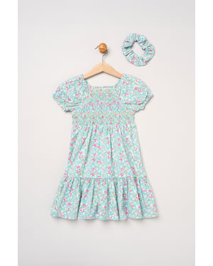 Floral Embroidered Smocked Dress with Scrunchie