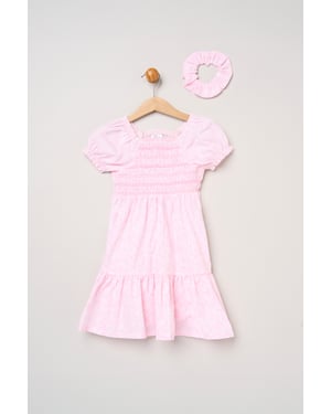 Floral Smocked Embroidery Dress with Matching Scrunchie
