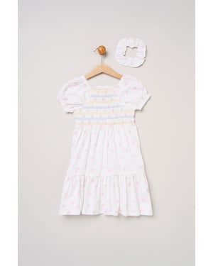 Butterfly Embroidered Smocked Dress with Scrunchie