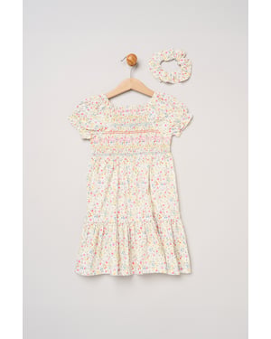 Ditsy Embroidered Smocked Dress with Scrunchie